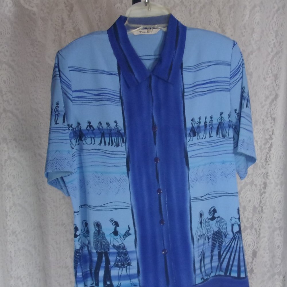 Tanjay Blue Print Blouse Over Blouse Top Size 12 NWOT
